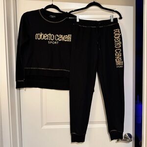 Roberto Cavalli Womens Sport Sweatsuit Joggers Gold Black Size XS Cheetah Print